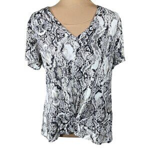 INC Snake Print Top Shirt V-Neck Size L Large Twist Black White